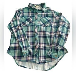 Love Potion Long Sleeve Flannel Button Up Shirt Womens Medium Green Blue Plaid
